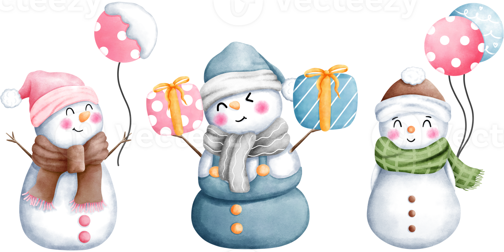 Set of three cute watercolor christmas snowman in a colorful winter costume with christmas balloons and gift boxes illustrations. png