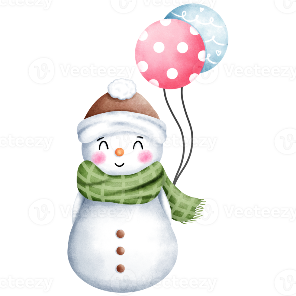 Watercolor christmas illustration of cute snowman in brown santa hat and green scarf with pink and blue balloons. png