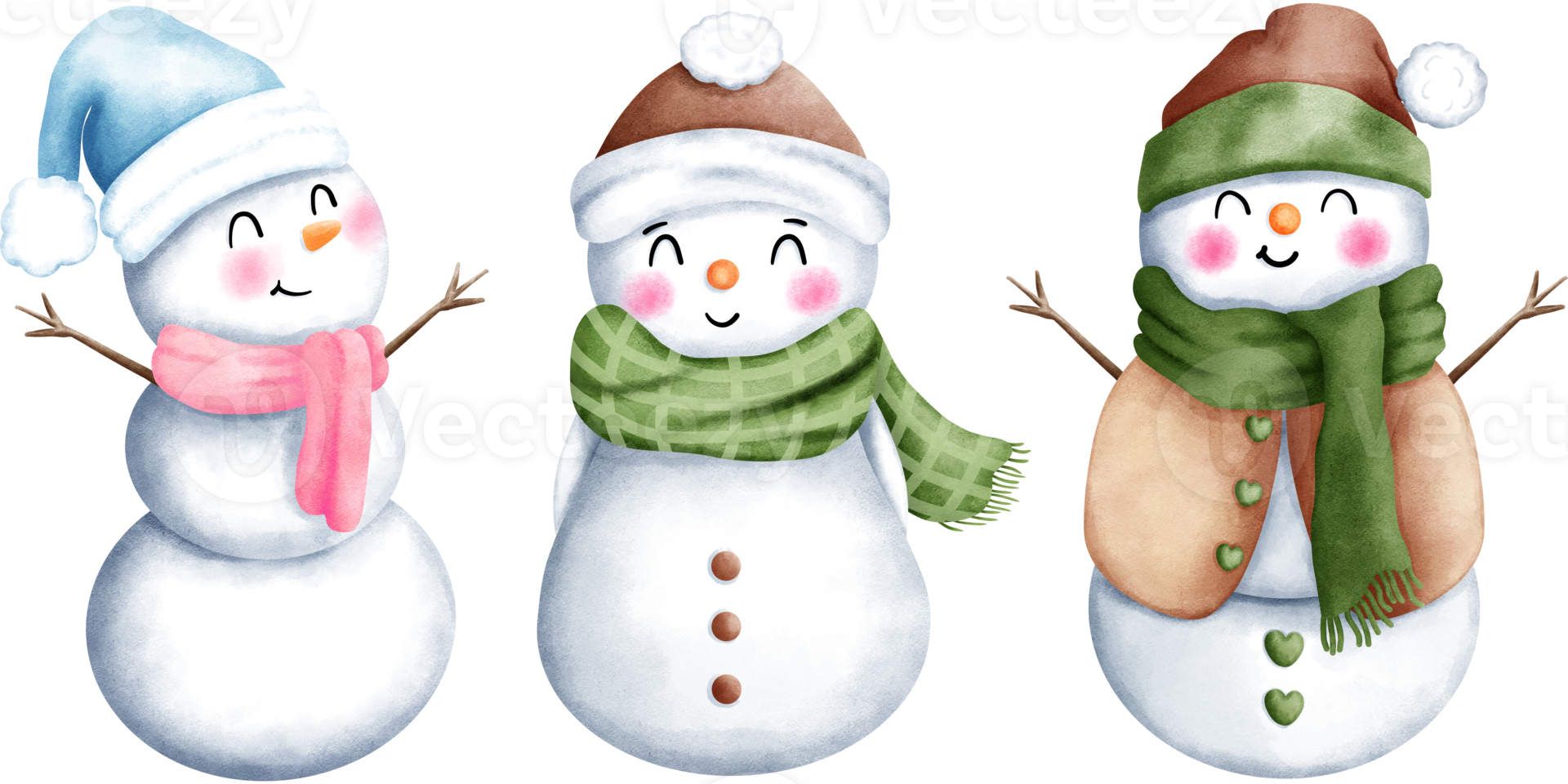 Set of three cute watercolor christmas snowman illustrations with santa hats and scarves. png