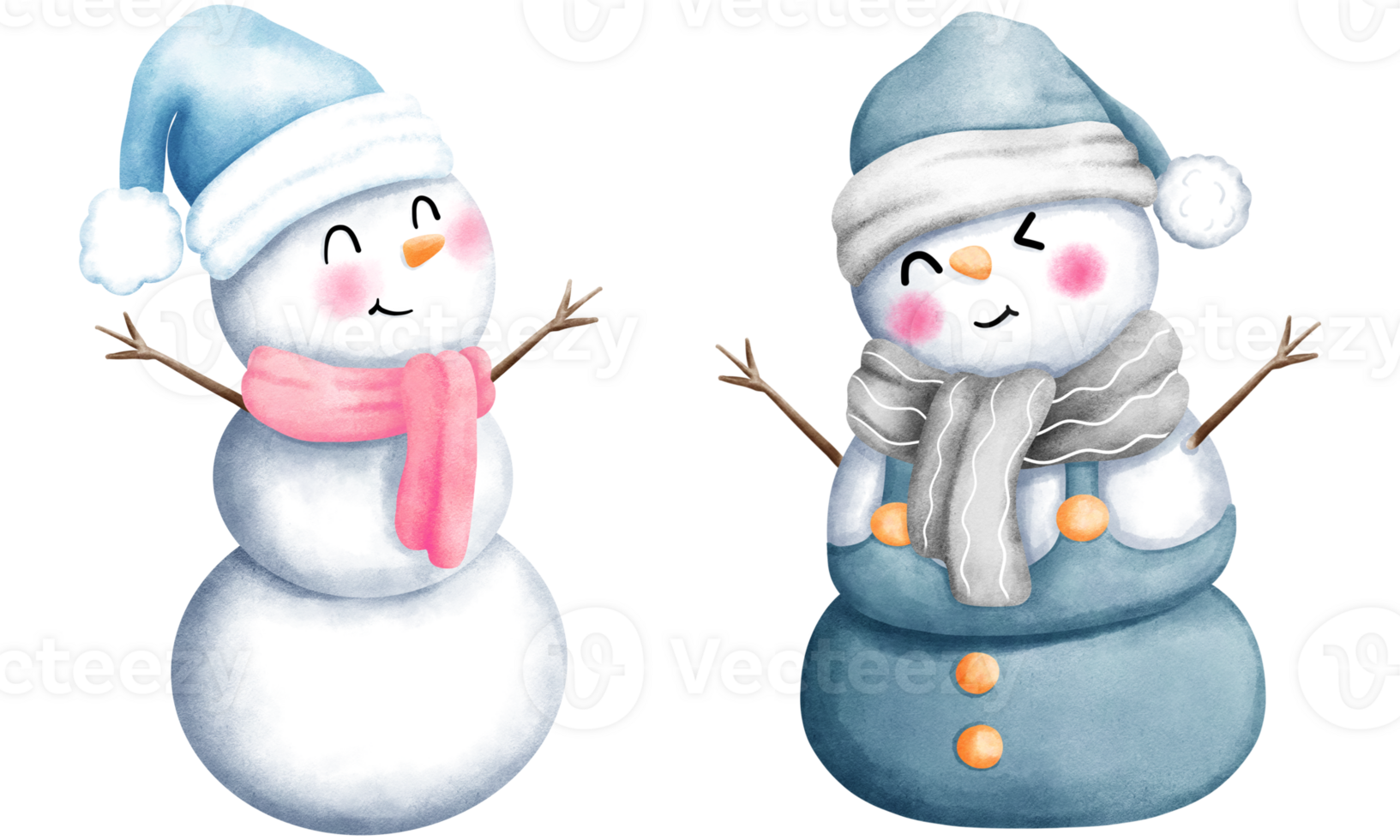 Set of watercolor christmas snowman with blue winter costume illustrations.Cute winter snowman collection. png