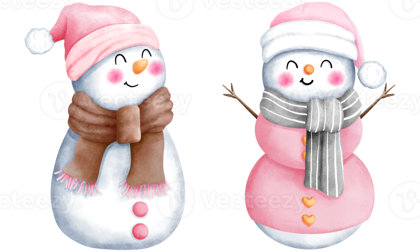 Set of watercolor christmas illustration with cute snowman in colorful santa hat and scarf. png