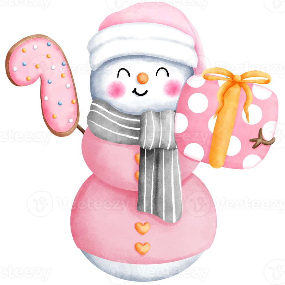 Aquarell Weihnachten Illustration von süß Schneemann im Rosa Santa Hut und grau Schal mit Rosa Geschenk Boxe und Plätzchen. png
