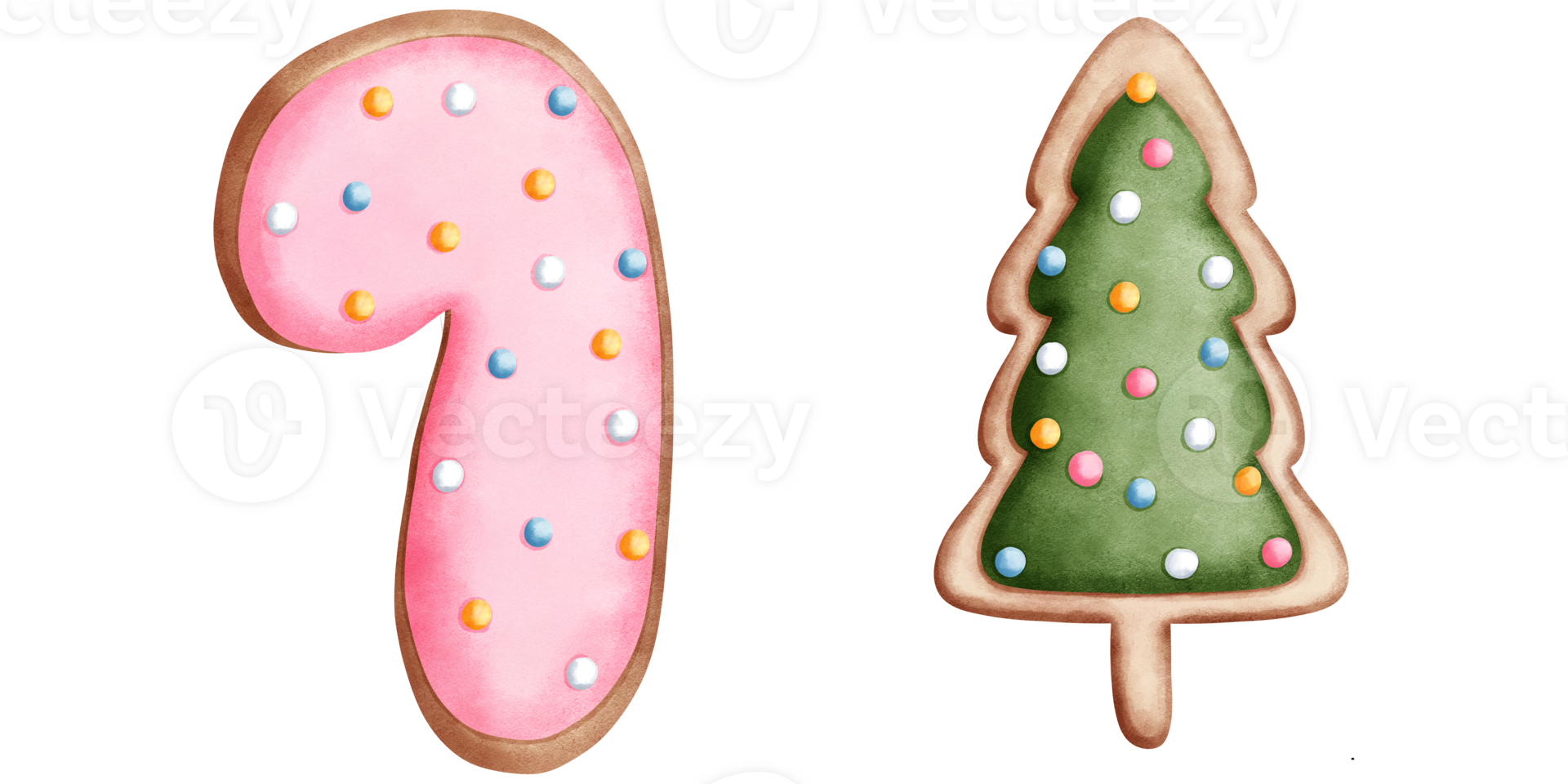 Watercolor christmas cookies with pink candy cane and christmas tree illustration. png