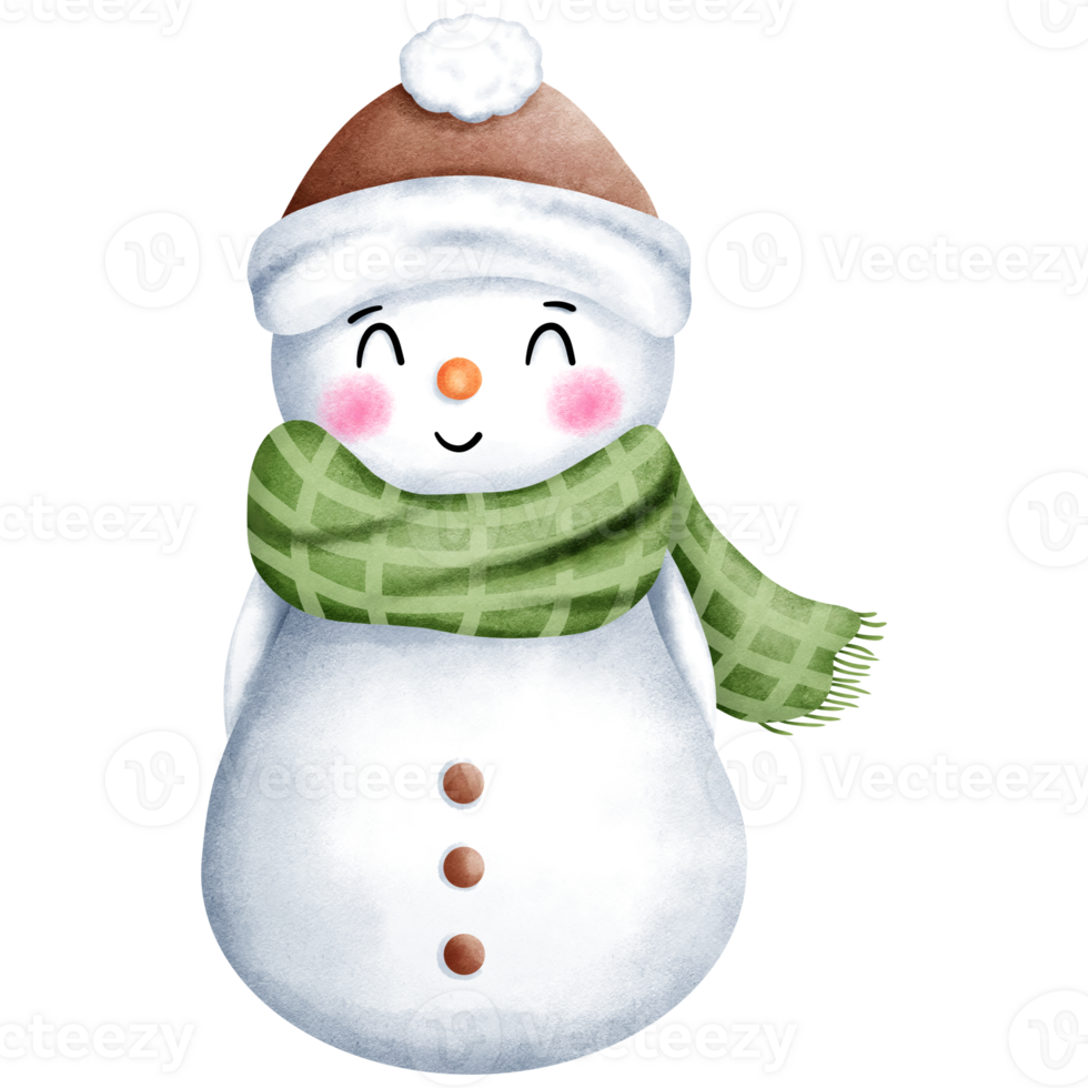 Watercolor christmas clipart of cute snowman with brown santa hat and green scarf. png