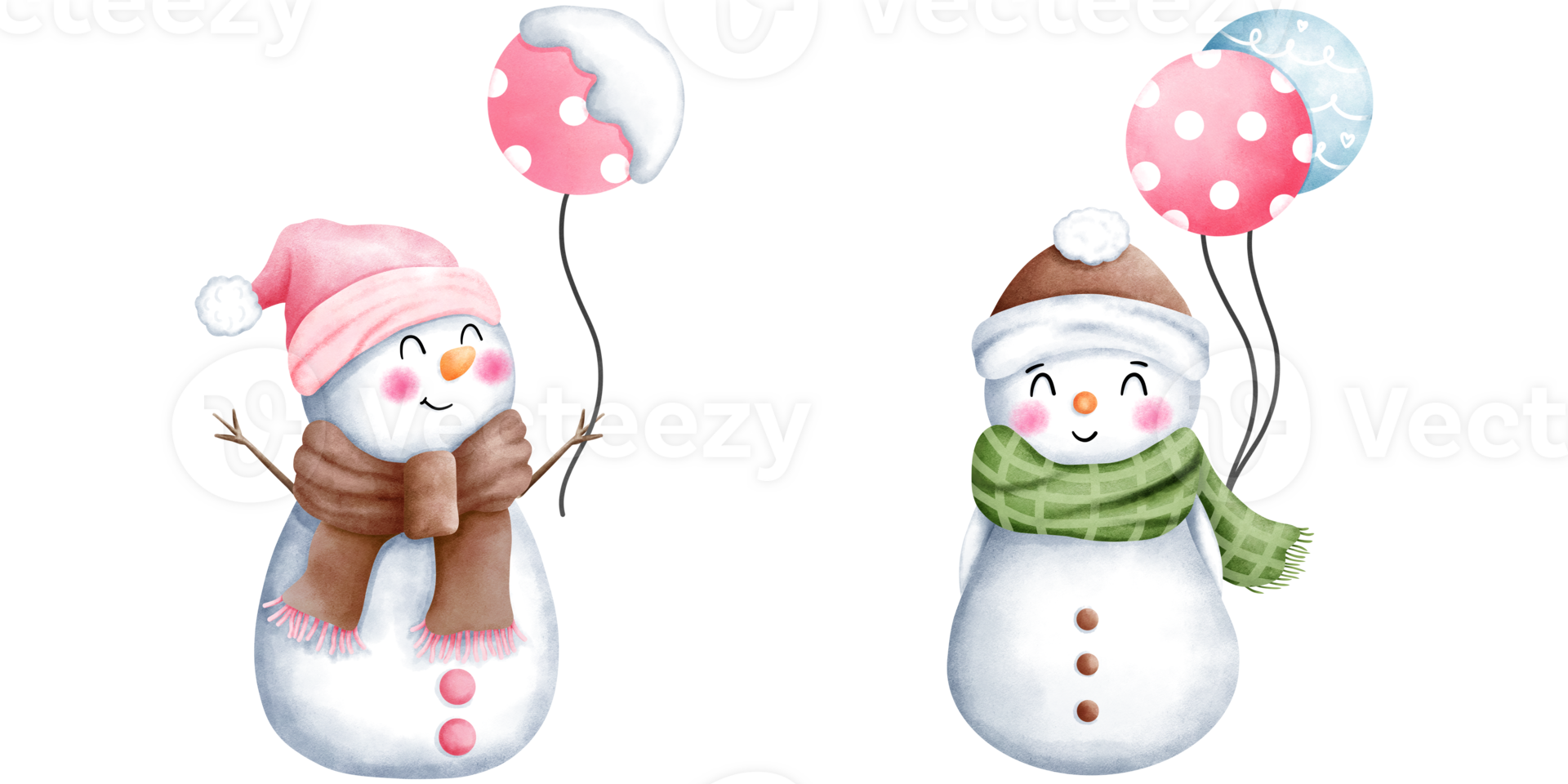 Set of watercolor cute christmas snowman with winter costume and colorful balloons illustration. Cute winter snowman collection. png