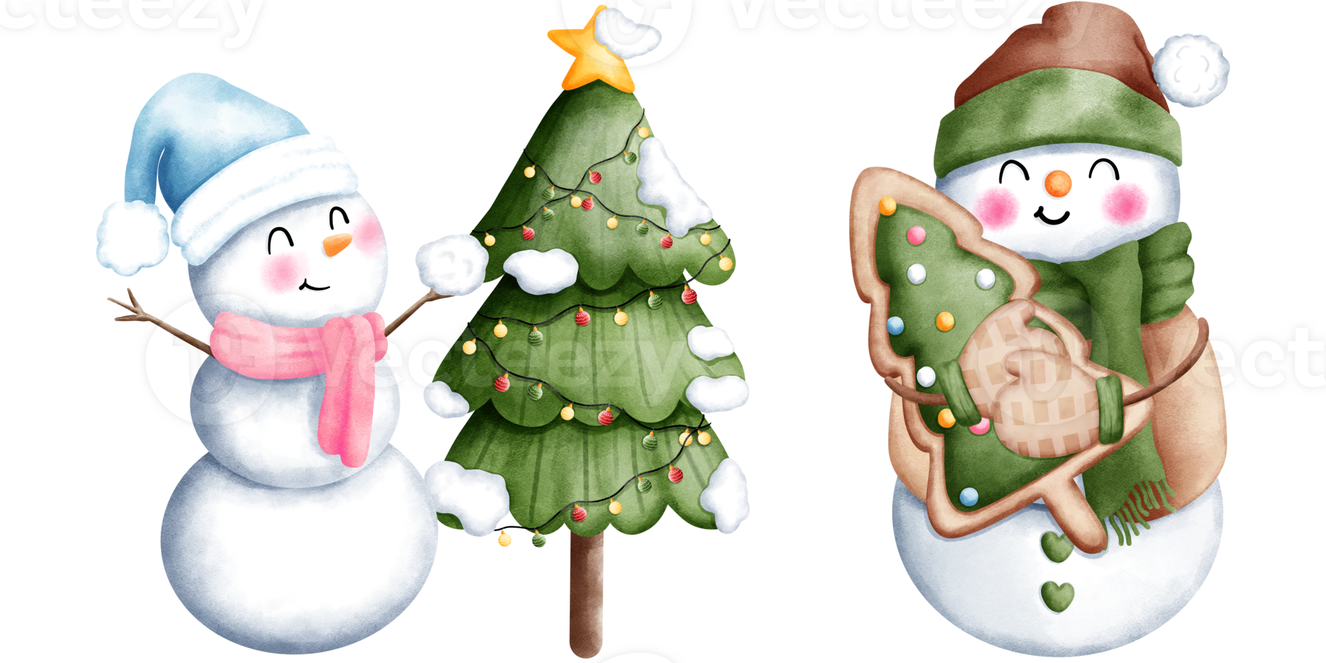 Set of watercolor cute christmas snowman with christmas tree and cookie illustration.Cute winter snowman collection. png