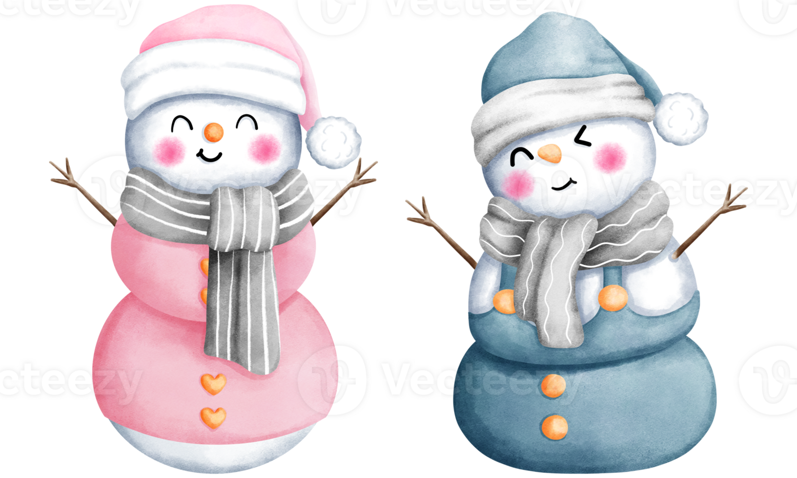 Set of watercolor christmas snowman with pink and blue winter costume illustrations.Cute winter snowman collection. png