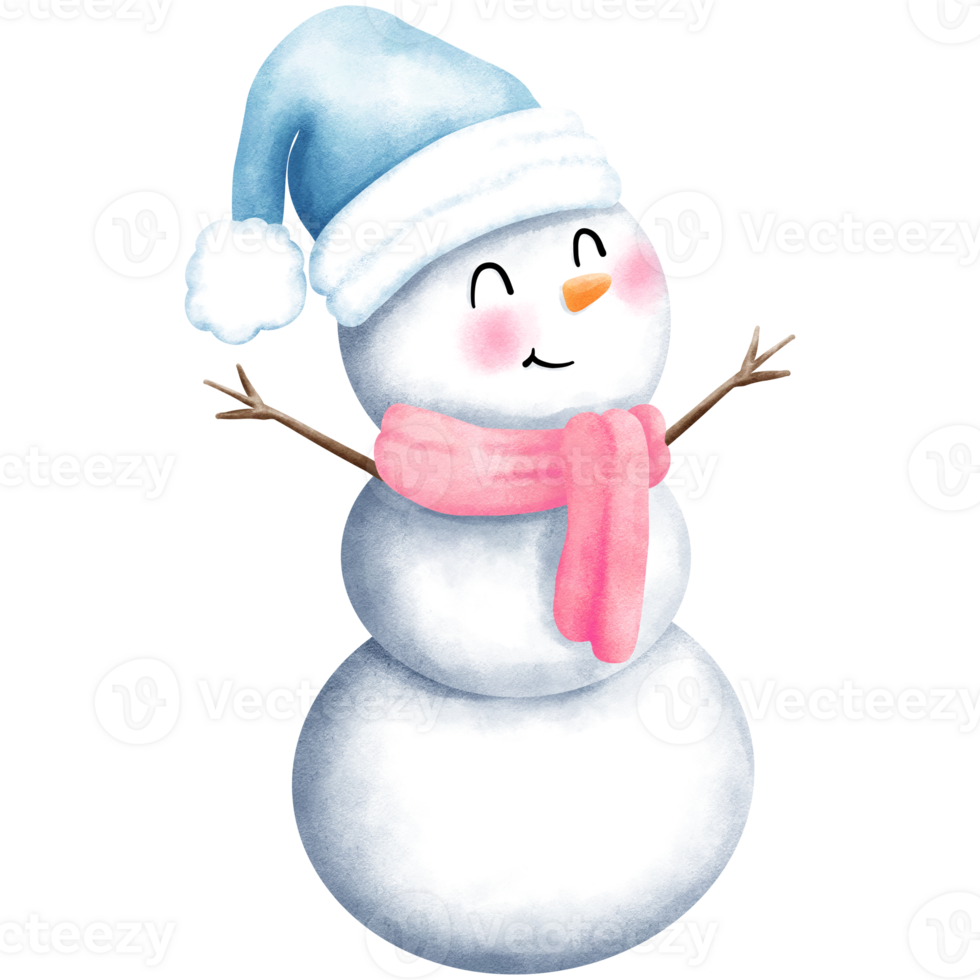 Watercolor christmas clipart of cute snowman with blue santa hat and pink scarf. png