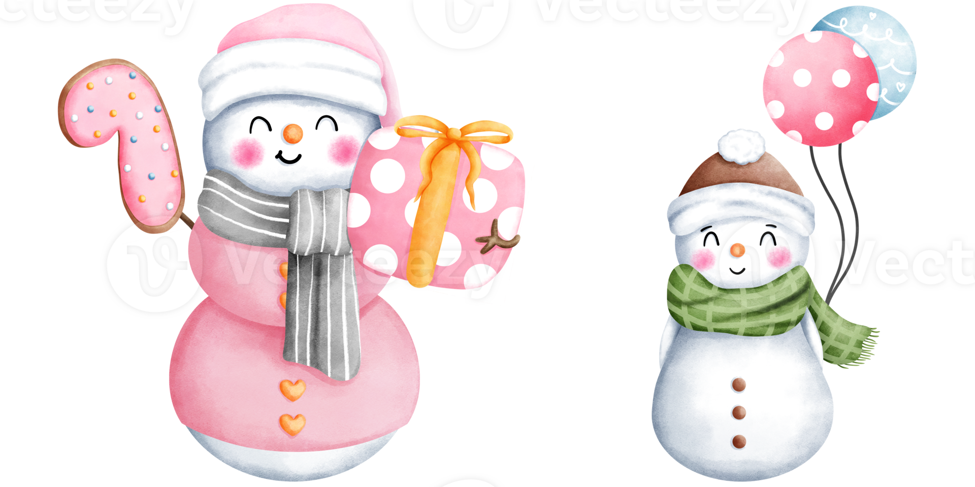 Set of watercolor cute christmas snowman with christmas ornaments illustration. Cute winter snowman collection. png