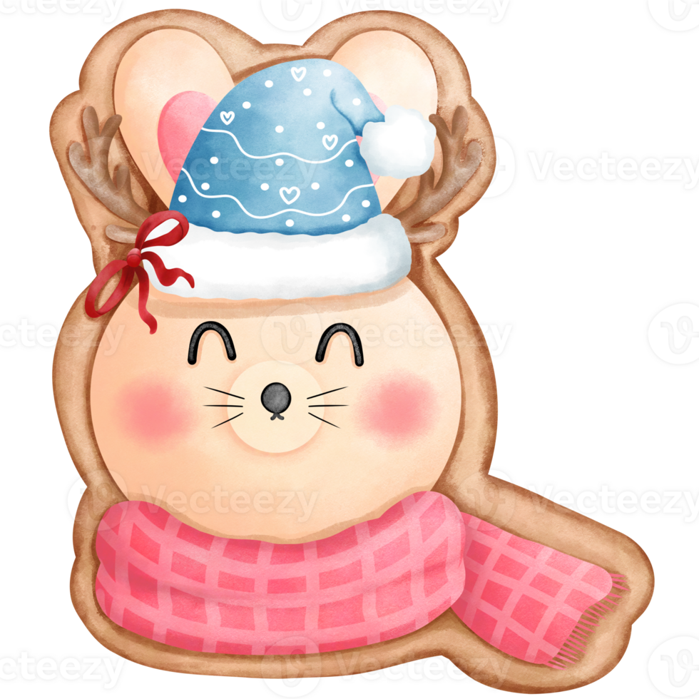 Cute little bunny cookie with blue beanie hat,pink scarf and antlers. png