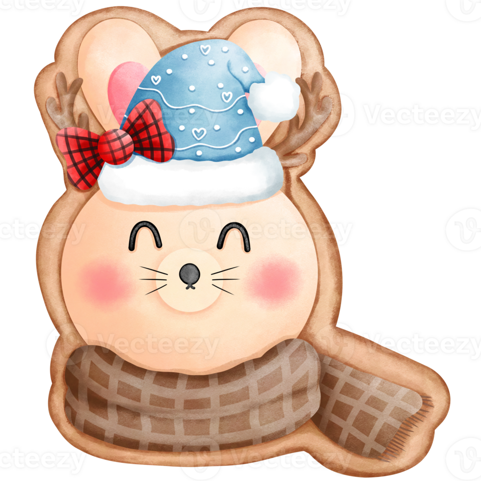 Cute little bunny cookie with blue beanie hat,brown scarf and antlers. png