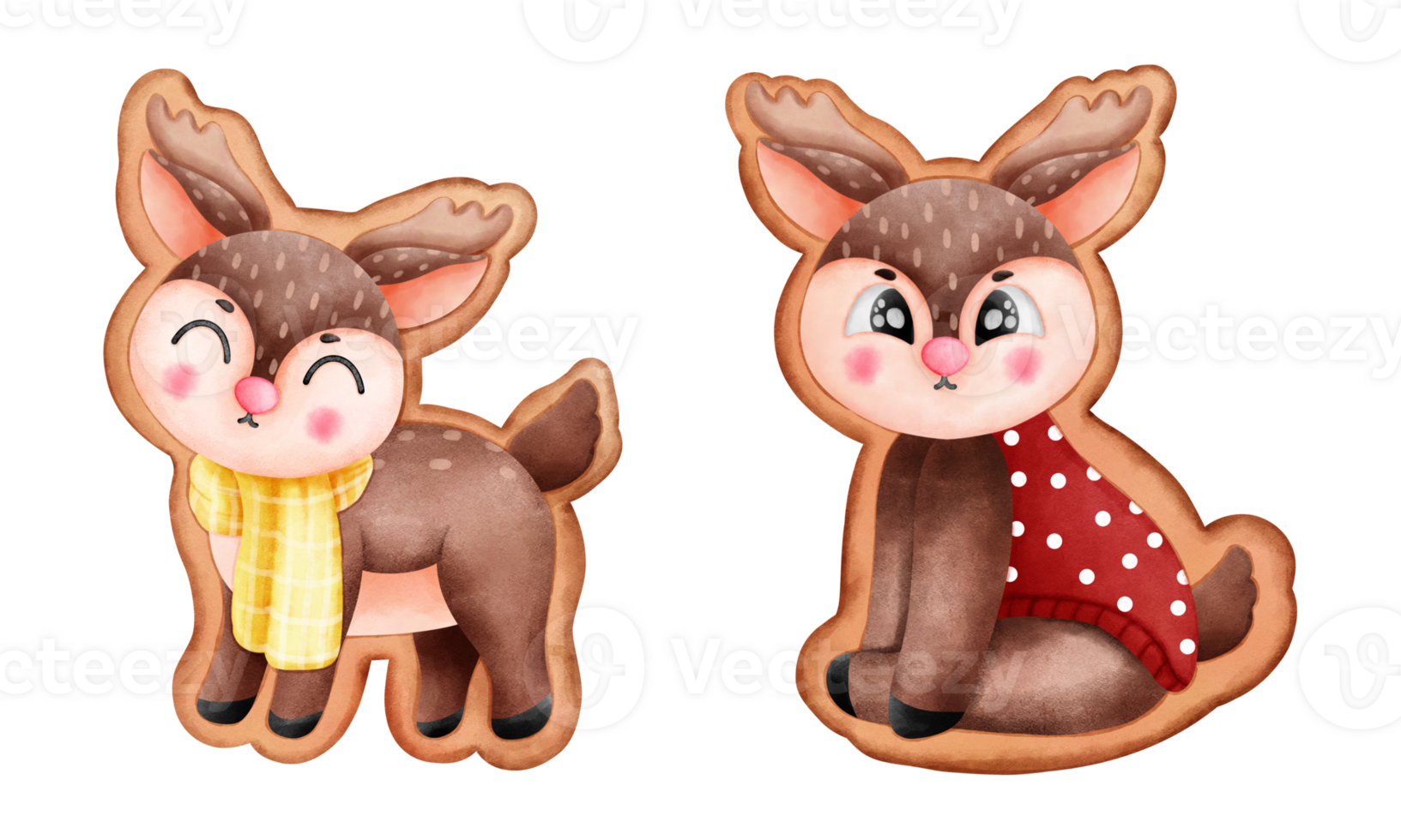 Set of watercolor christmas cookies of cute little reindeer with scarf and clothes clipart. png