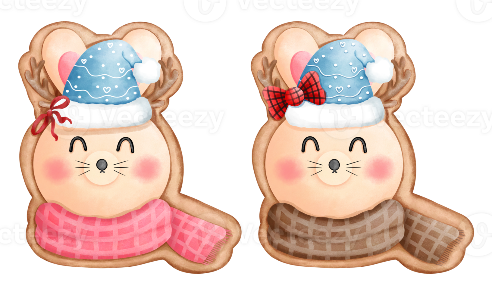 Set of watercolor christmas cookies of little bunny with scarf and blue santa hat clipart. png