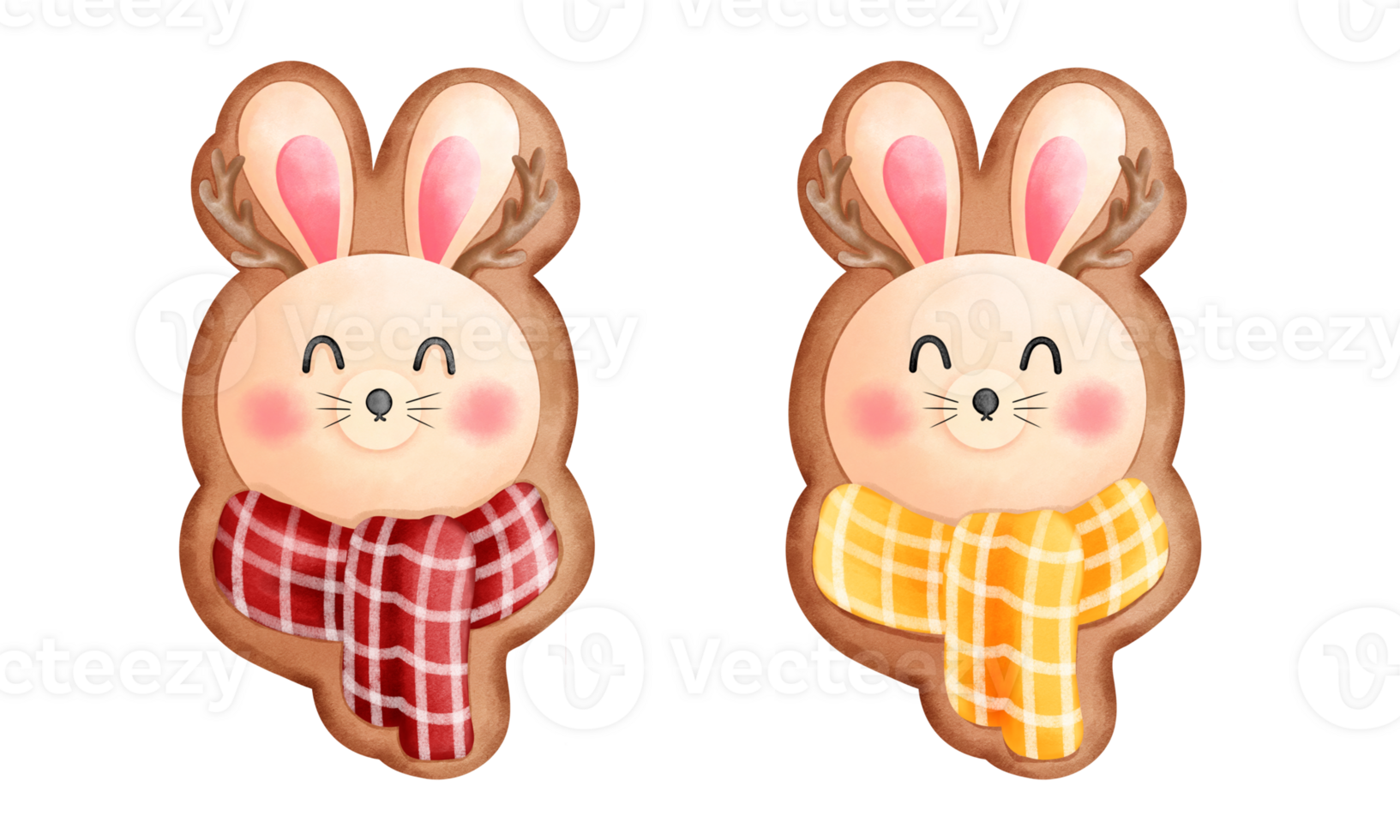 Set of watercolor christmas cookies of cute little bunny with scarf clipart. png