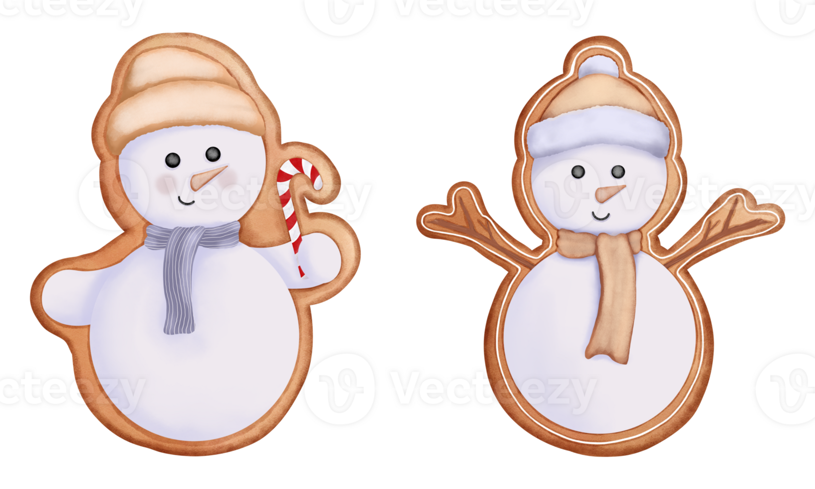 impostato di acquerello Natale biscotti di carino pupazzo di neve con Beanie cappello, sciarpa e caramella canna clipart. png