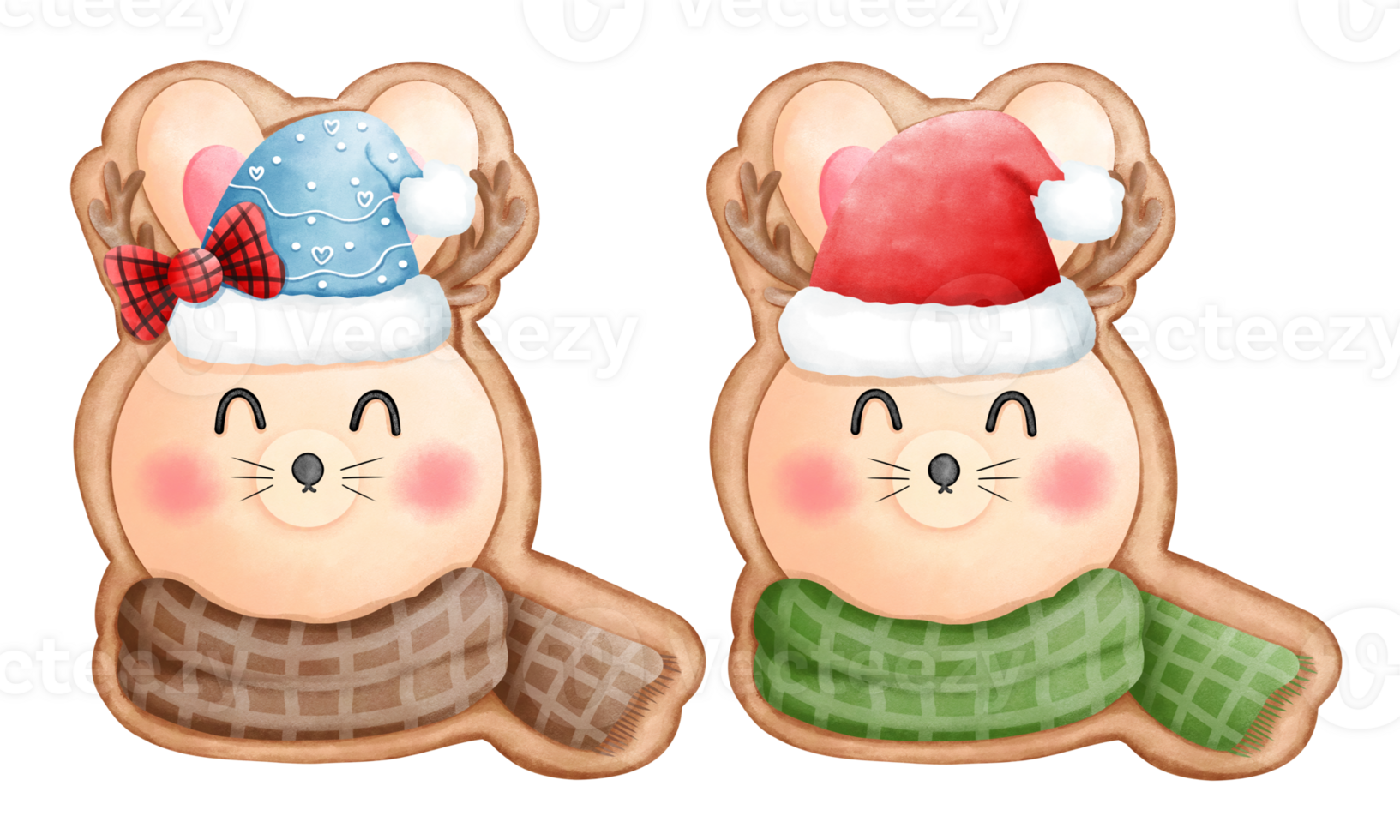 Set of watercolor christmas cookies of little bunny with scarf and santa hat clipart.Christmas cookie clipart. png