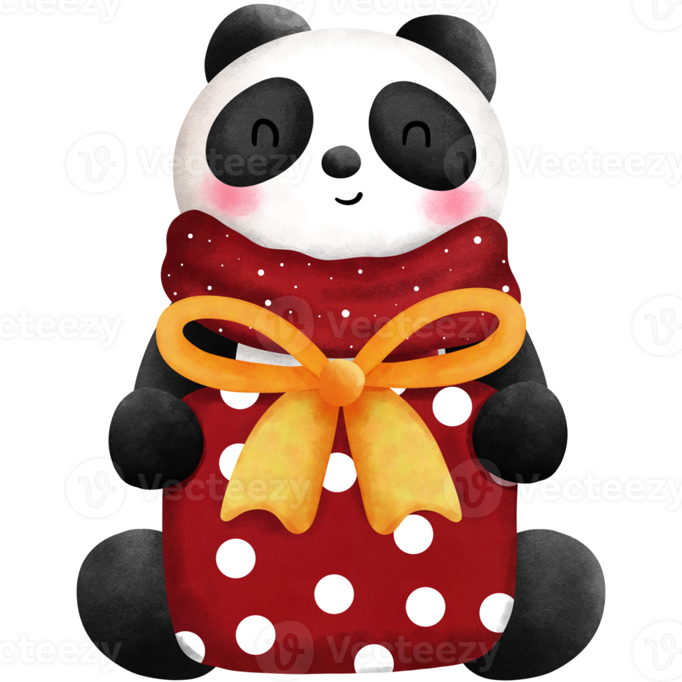 waterverf gelukkig weinig panda met Kerstmis geschenk doos illustratie. Kerstmis dier decoratie clip art. png
