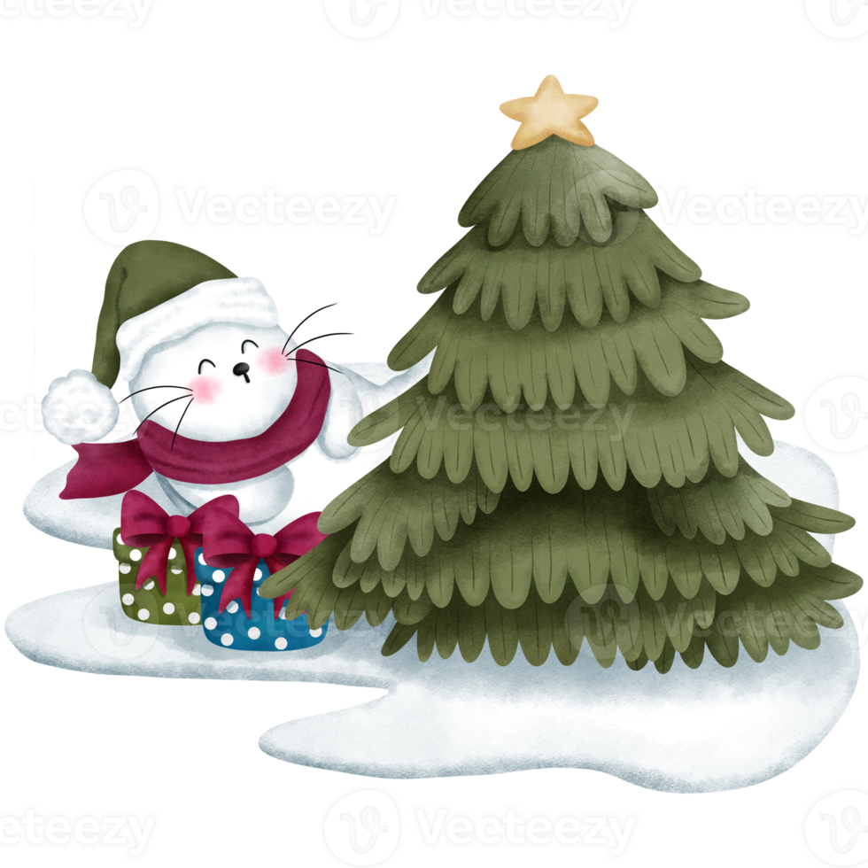 Whimsical watercolor baby seal with christmas gifts and pine tree on ice floes. png