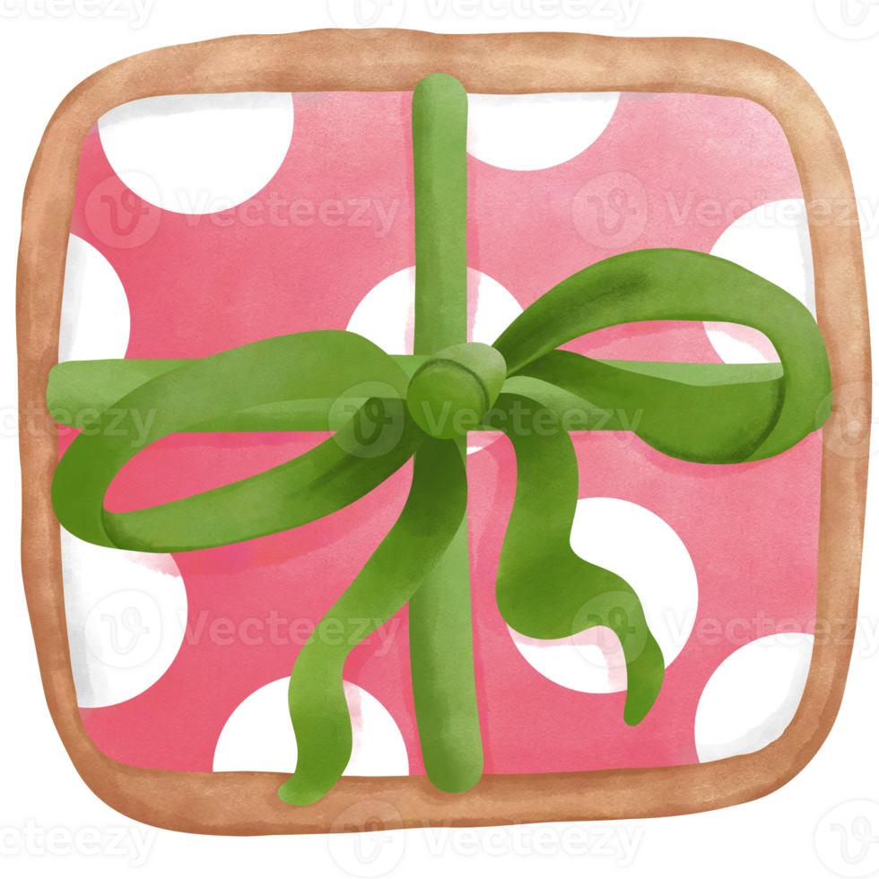 Watercolor pink gift box with green ribbon bow.Christmas cookie clipart. png