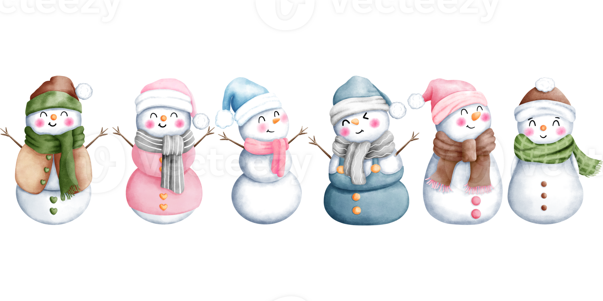 Set of watercolor cute christmas snowman in a colorful winter costume illustrations. png