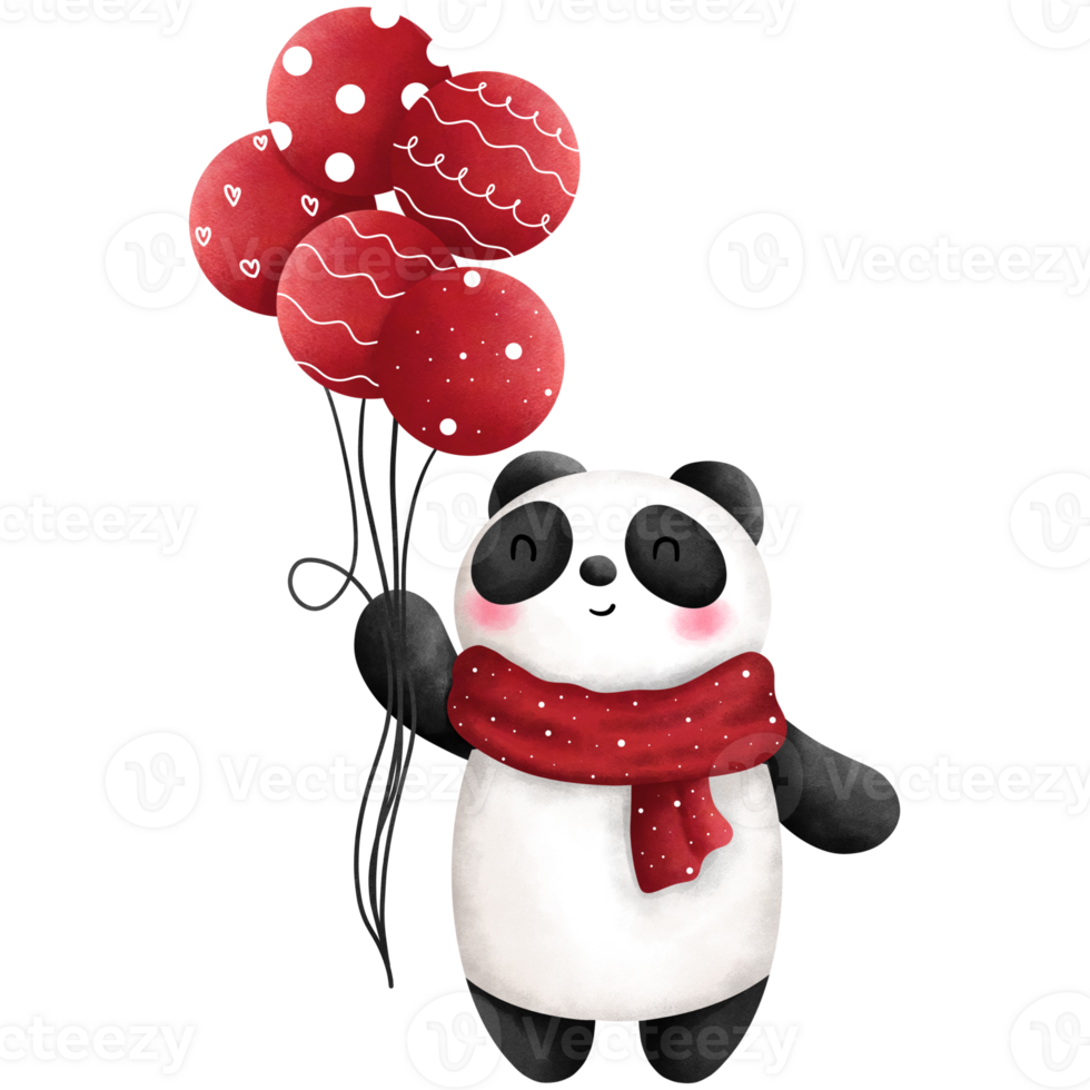 Watercolor happy baby panda with christmas balloons illustration. Christmas animal decoration clipart. png