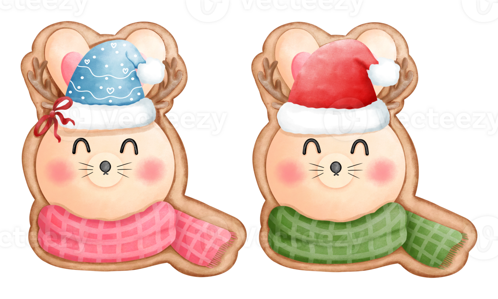 Set of watercolor christmas cookies of cute little bunny with scarf and santa hat clipart.Christmas cookie clipart. png