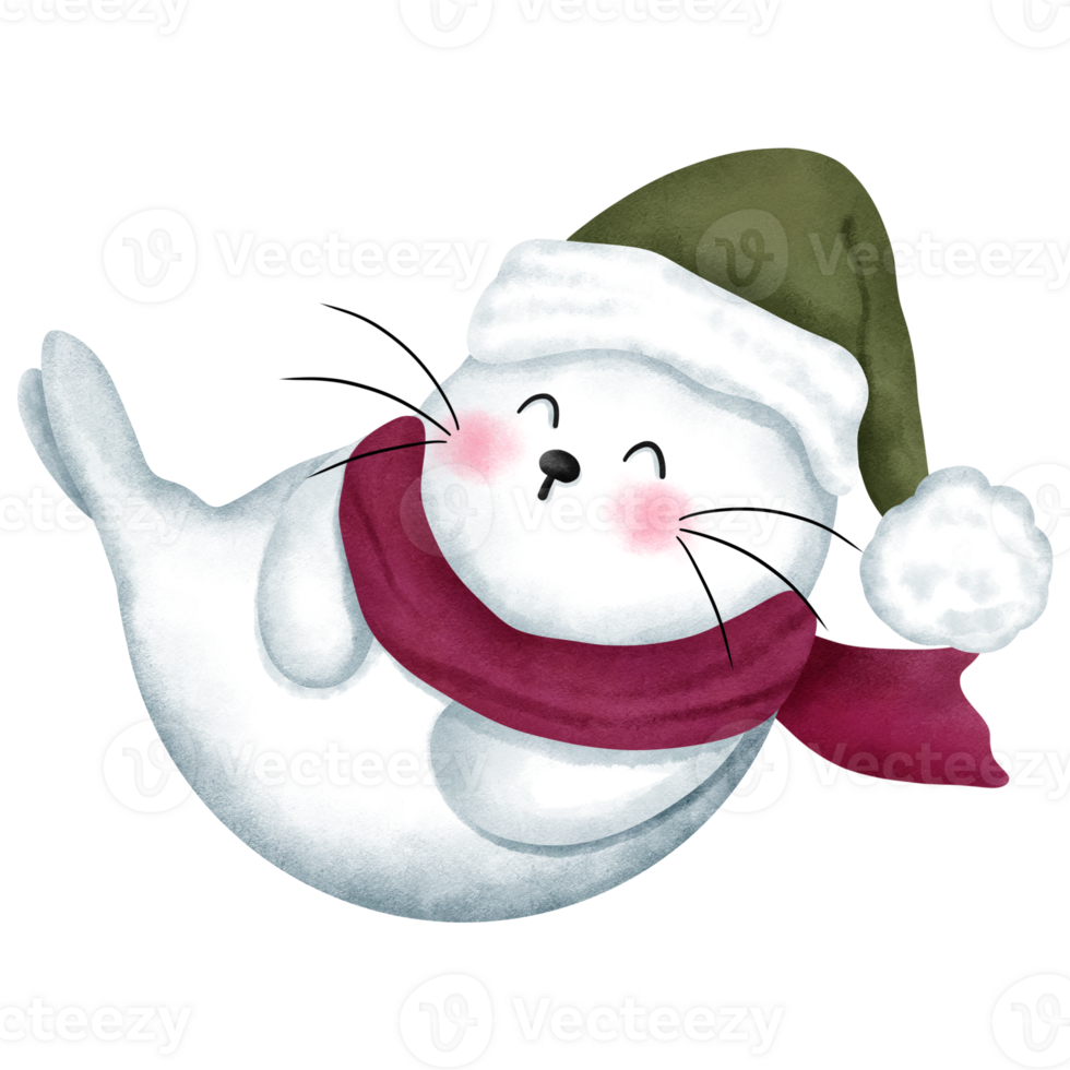 Playful baby seal wearing a red scarf and green santa hat.Christmas animal watercolor illustration. png