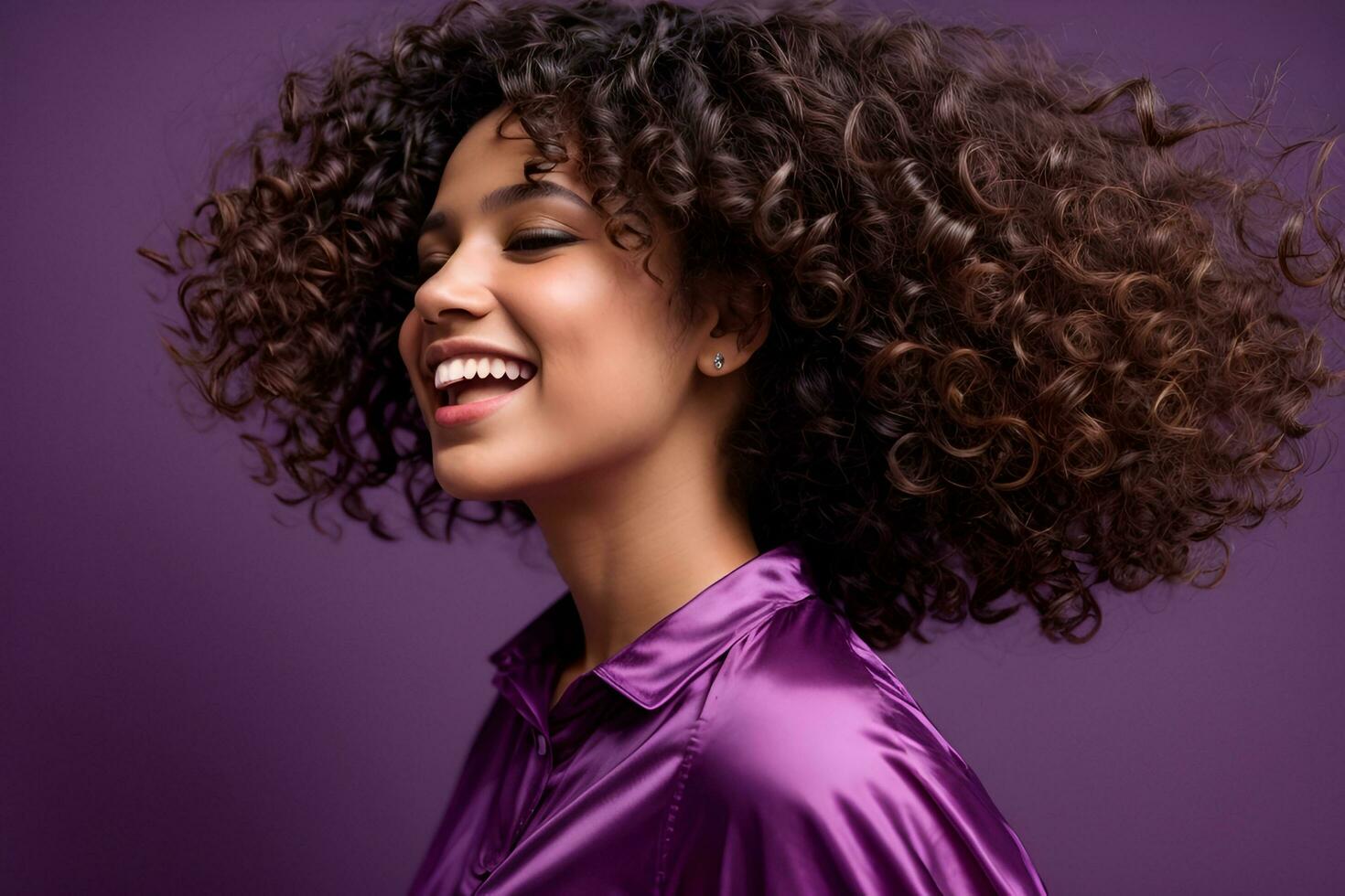 AI generated Joyful girl with curly brown hair dancing on purple background with kissing face expression photo