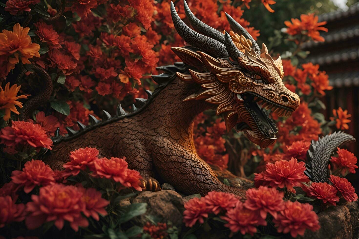 AI generated a statue of a dragon surrounded by flowers photo