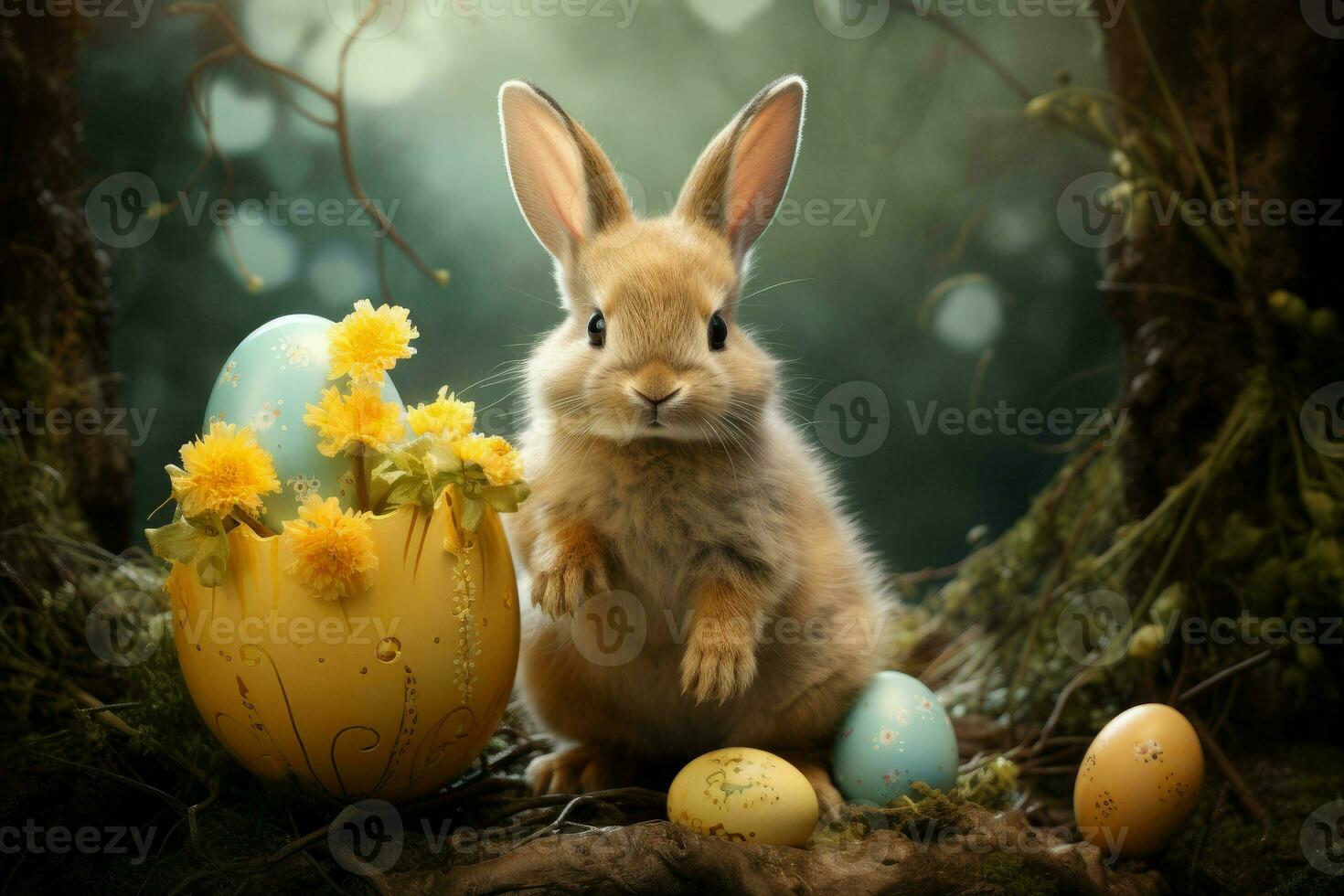 AI generated Little Easter rabbit on eggs hunting. Generate ai photo