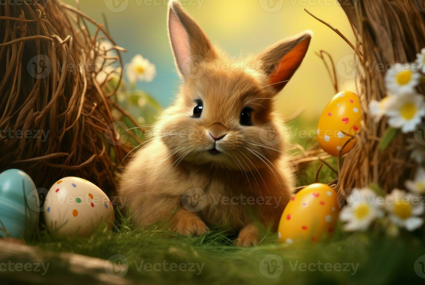 AI generated Adorable Little Easter rabbit on eggs hunting. Generate ai photo