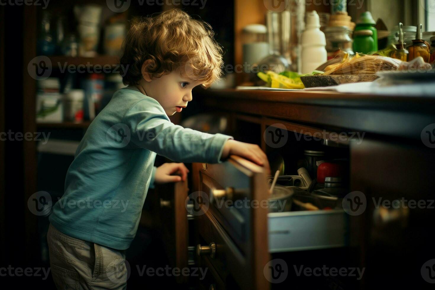 AI generated Adventurous Child exploring kitchen drawer. Generate AI photo