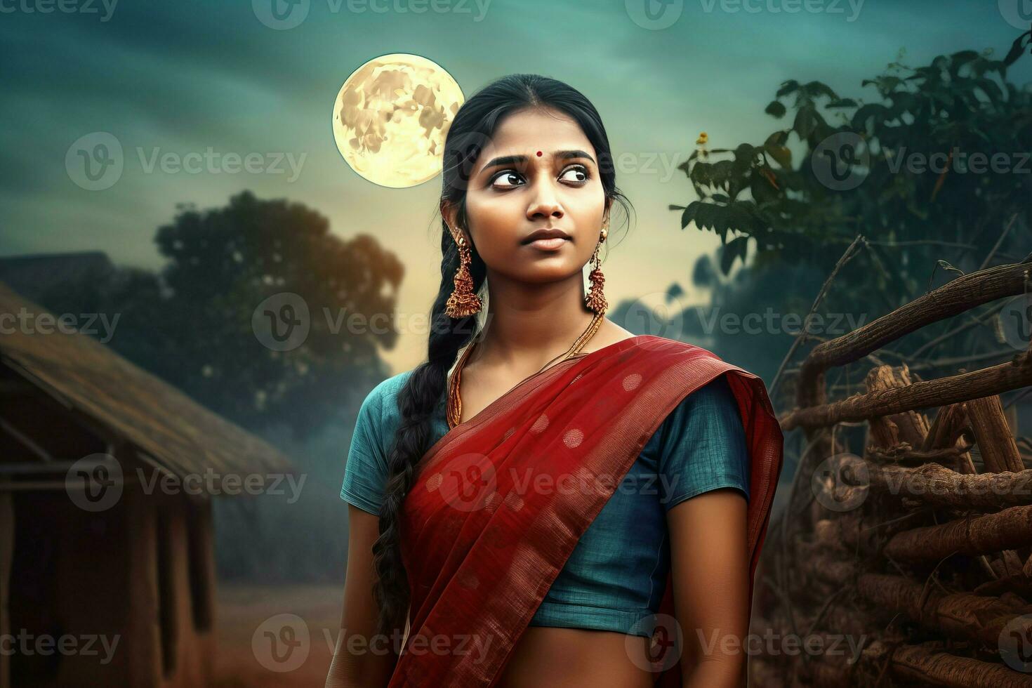 AI generated Indian rural girl at moon. Generate AI photo