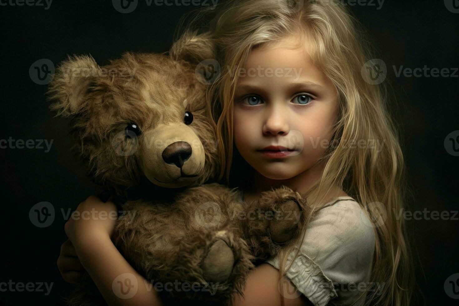 AI generated Comforting Little girl hugging her bear toy. Generate Ai photo