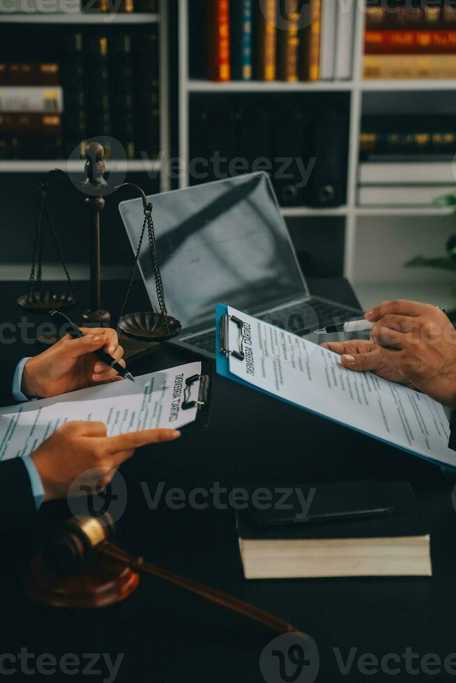 Customer service good cooperation, Consultation between a Businessman and Male lawyer or judge consult having team meeting with client, Law and Legal services concept. photo