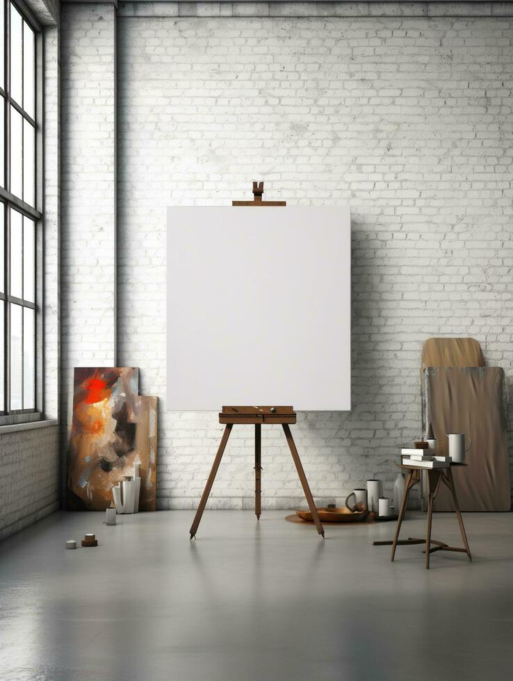 AI generated White canvas for mockup with blurred brick wall room interior photo