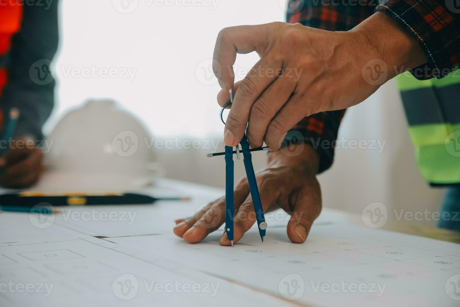 Construction and structure concept of Engineer or architect meeting for project working with partner and engineering tools on model building and blueprint in working site, contract for both companies. photo