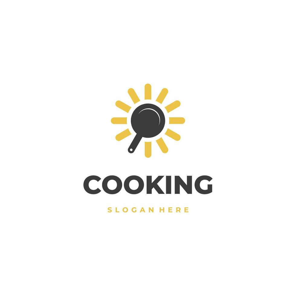 Frying pan combine with sun logo, sunrise or sunset cooking concept vector