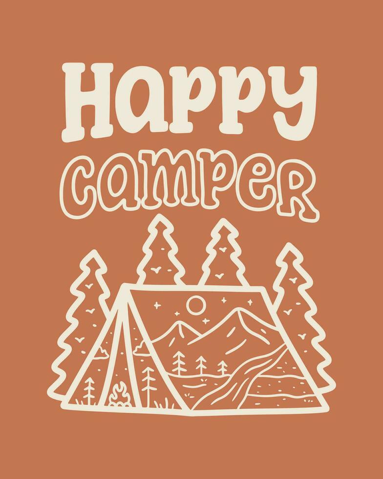 Happy camper with nature mountain in the inside tent shape illustration for badge, sticker,  t shirt design, and outdoor use vector