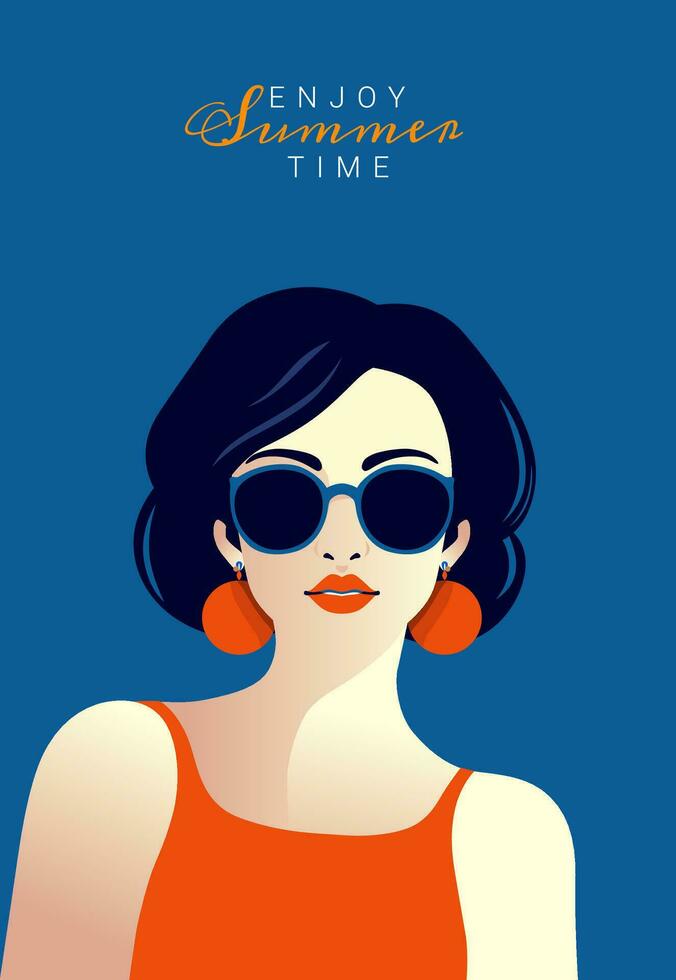 mujer vistiendo Gafas de sol azul antecedentes. popular Arte póster, moderno retro estilo. plano vector ilustración.