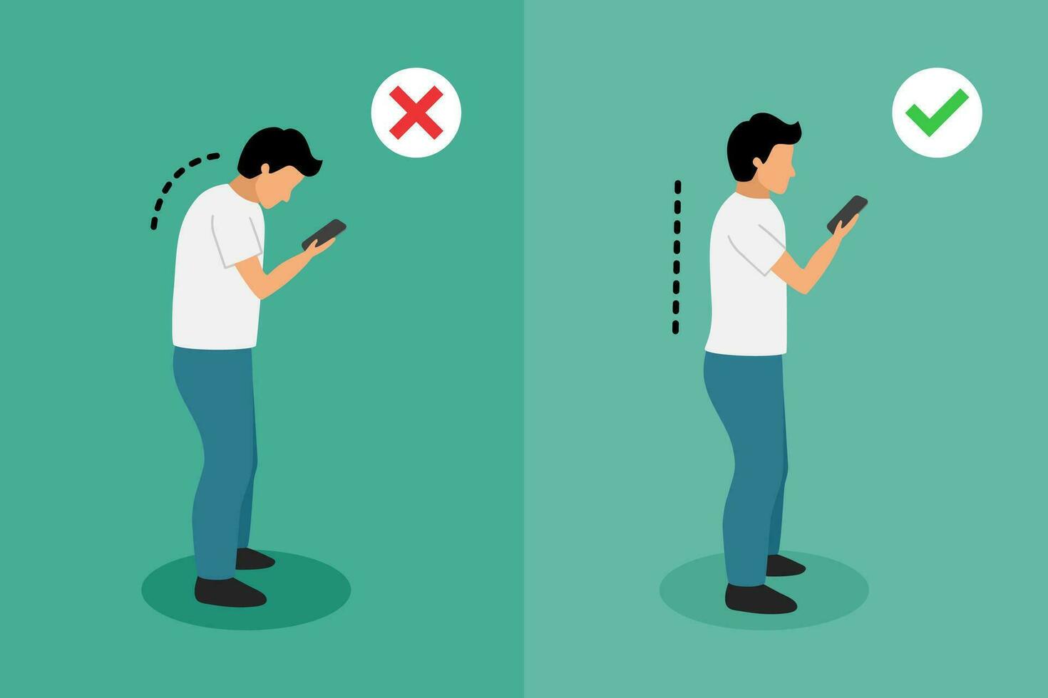 Bad posture using smartphone cause of neck and shoulder pain. Flat design vector illustration.