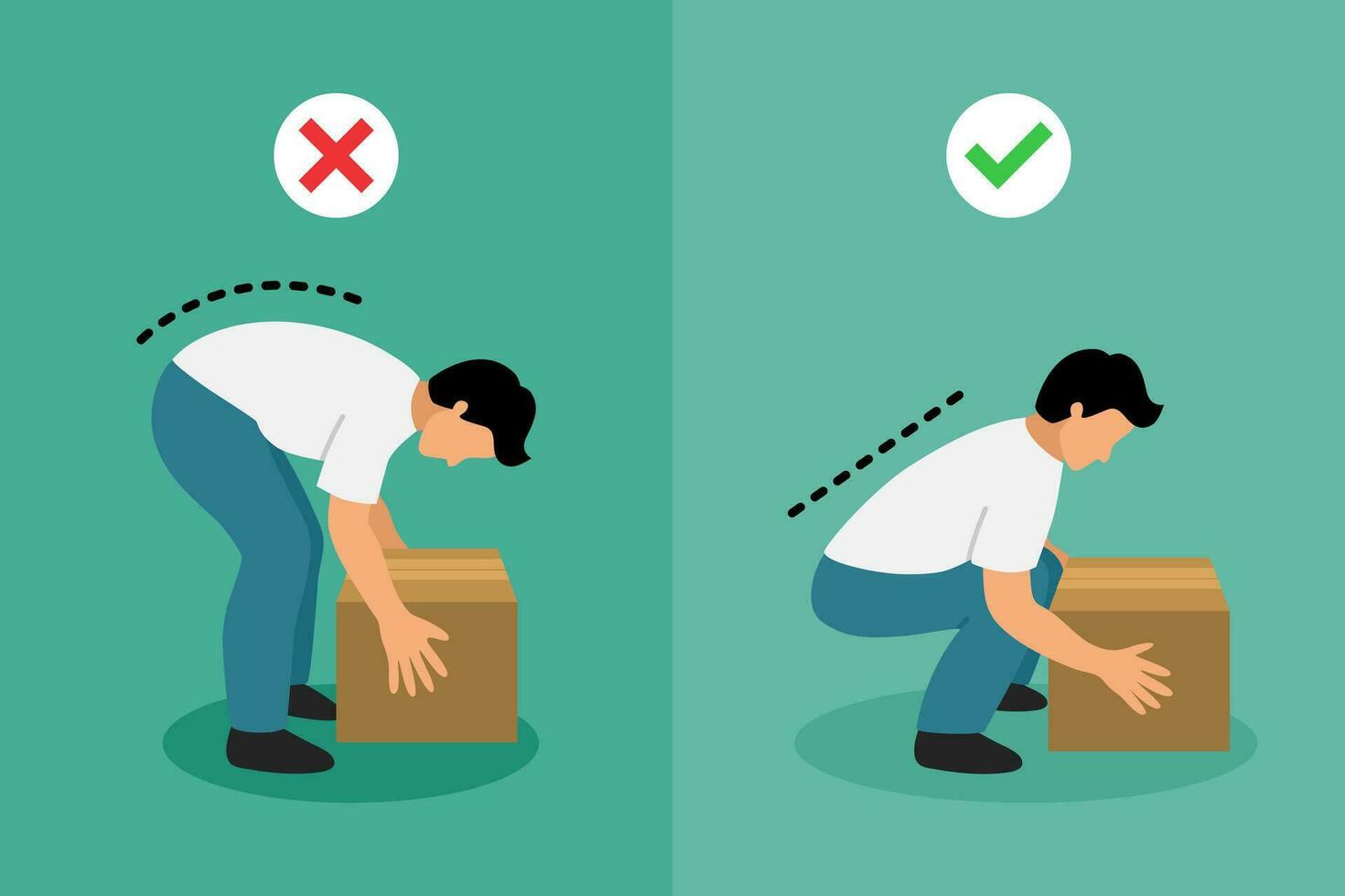 Lifting technique ergonomic for correct posture preventing back pain. Flat design illustration. vector