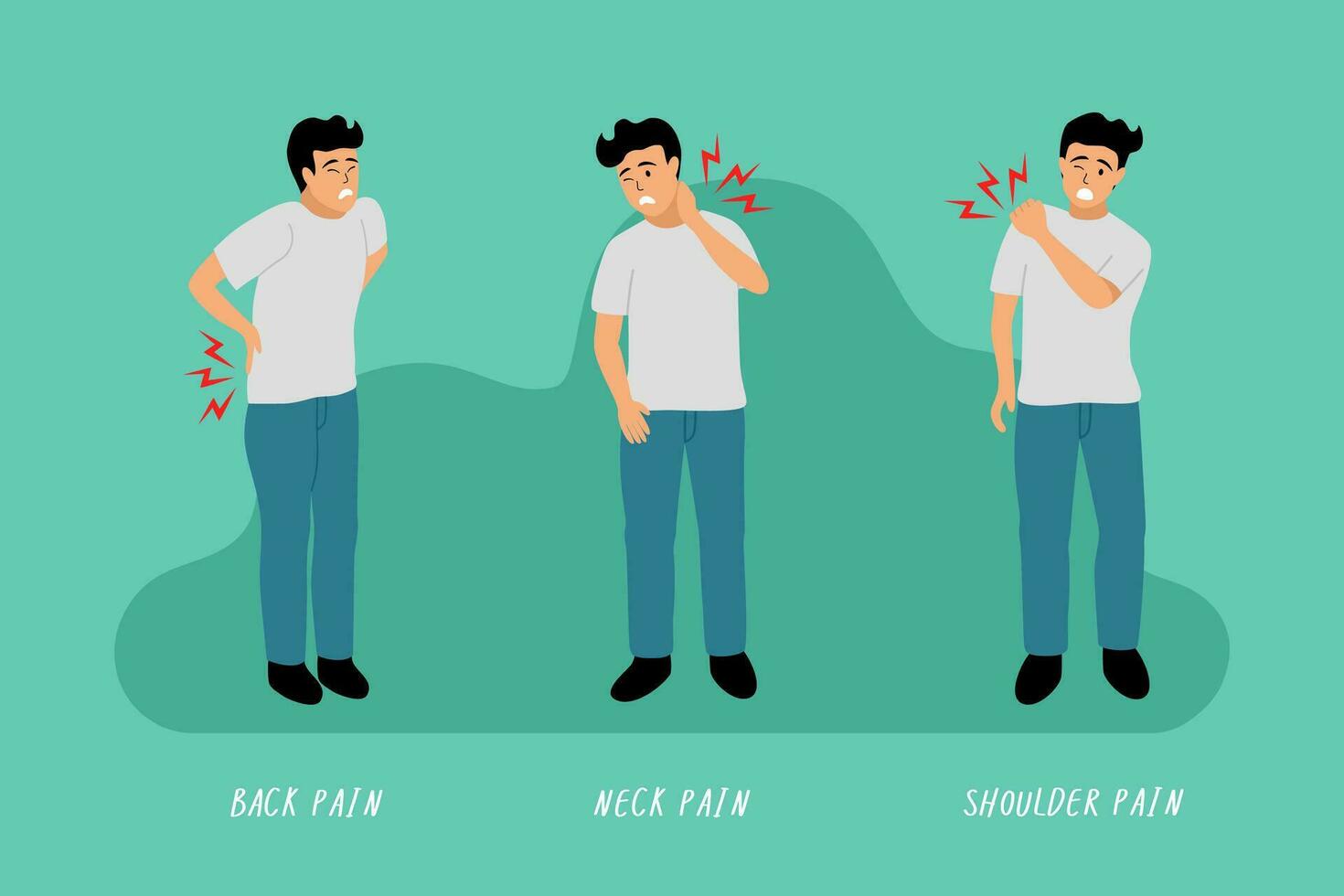 A man with office syndrome, back pain, neck pain, shoulder pain. Flat design vector. vector