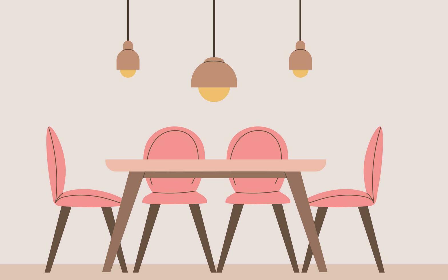 a dining room table with pink chairs and lamps vector