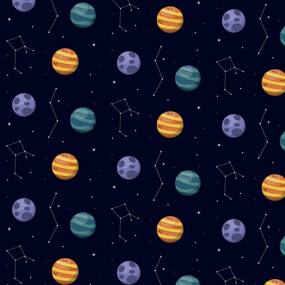 Vector drawing of planets and constellations in cartoon style, for fabric, wallpaper, wrapping paper