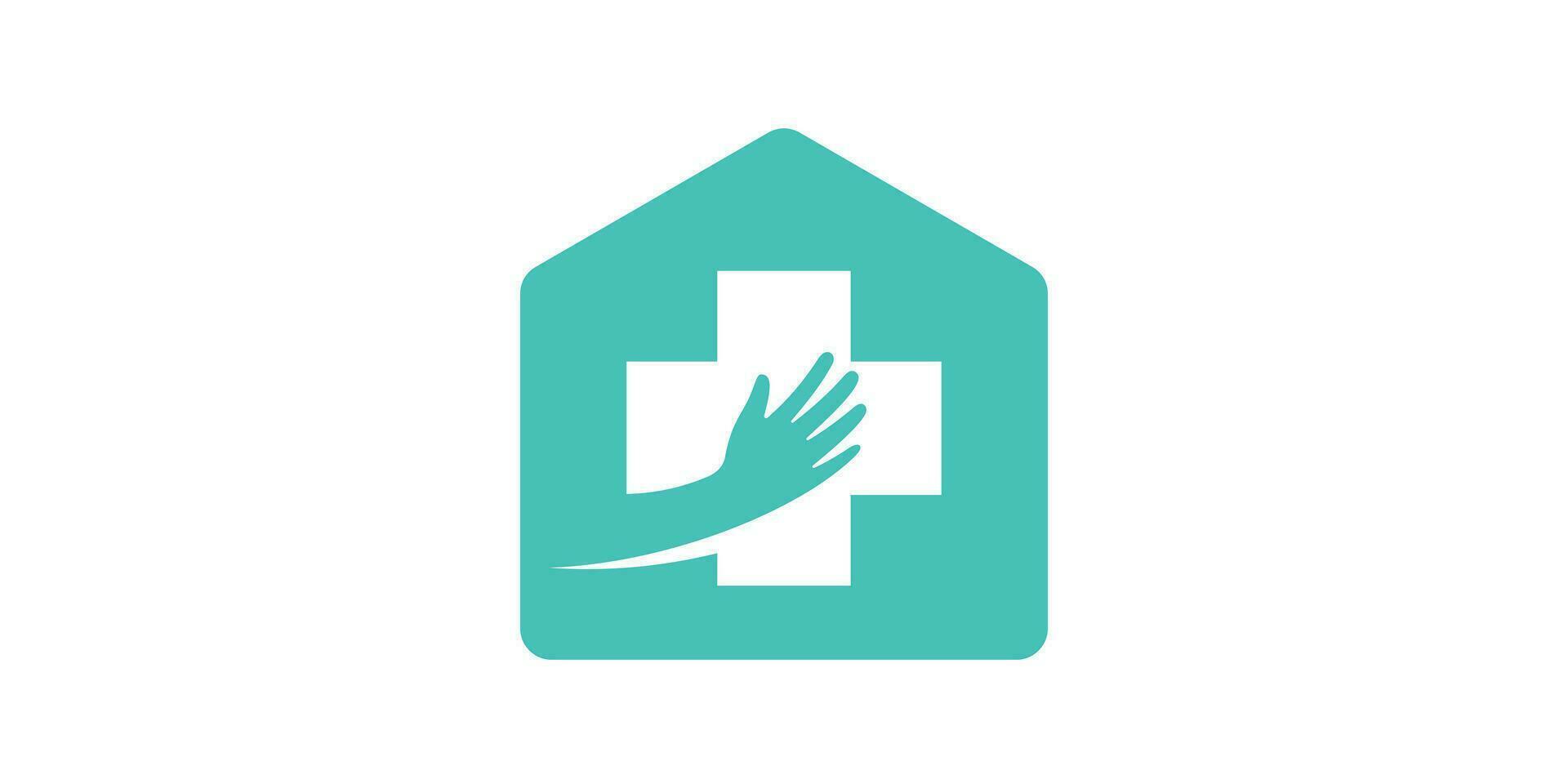 logo design combination of house shape with plus sign and hand, icon, vector symbol.