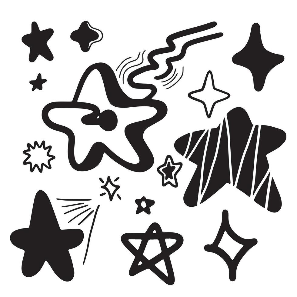 Set of black hand drawn doodle stars on white background. vector