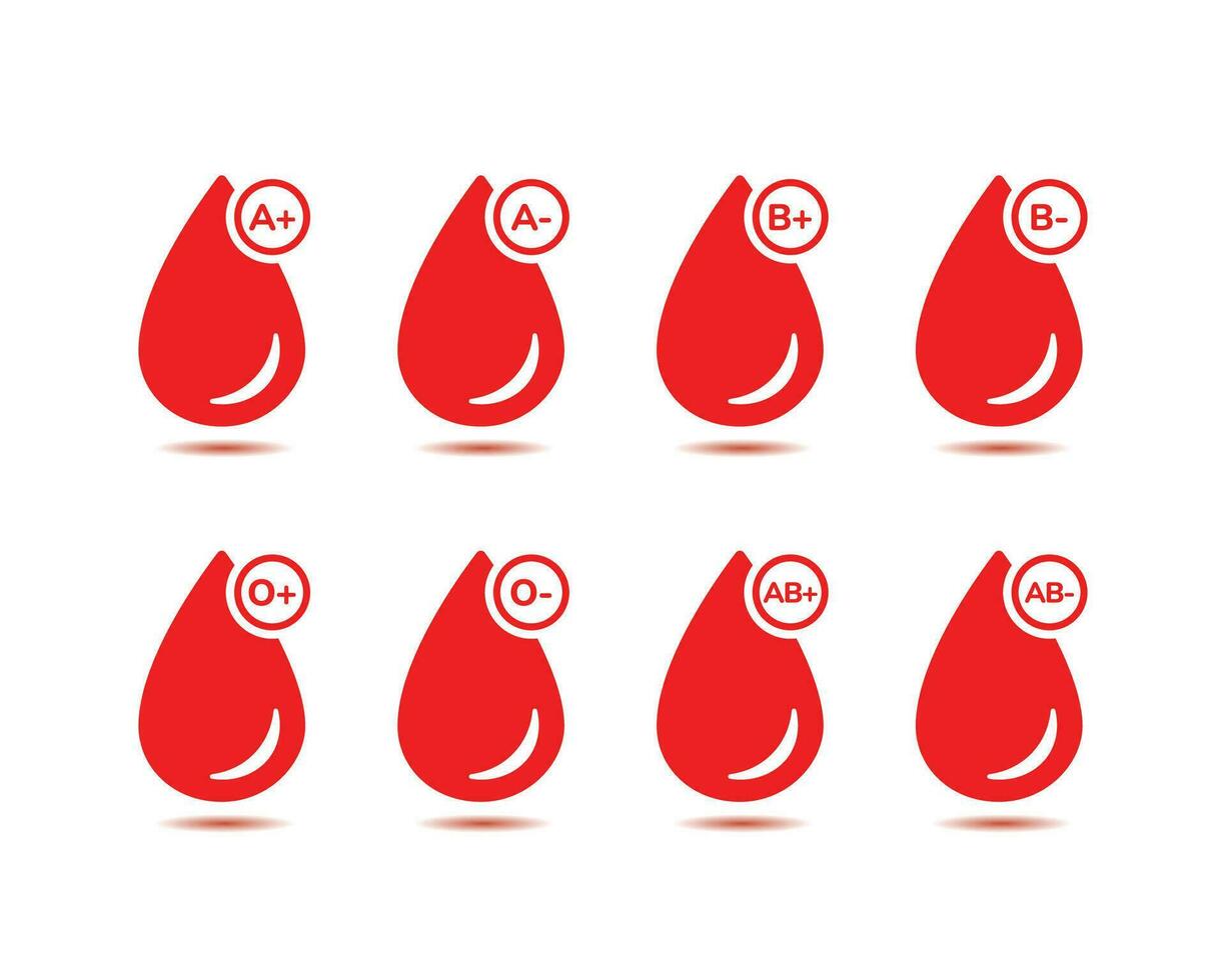 Blood group vector icon set. O, A, B, AB Positive and Negative Type of Blood Pictogram Set.