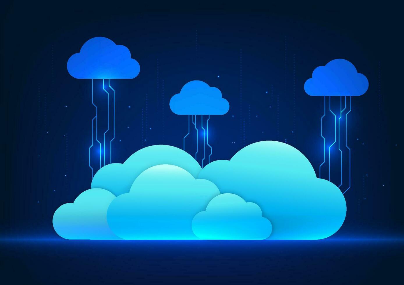 Cloud technology The cloud is a system for data storage, cyber processing, and services via the internet. The clouds are overlaid and connected by technological circuits. vector