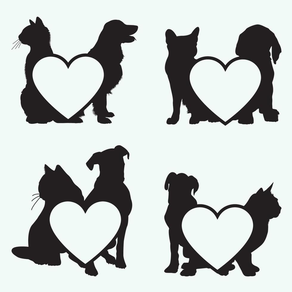 dogs cat love silhouette vector